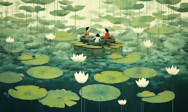 绿色小清新风格夏天池塘荷叶荷花和人群插画,插画/手绘图,插画/手绘图库,插画/手绘图下载,插画/手绘